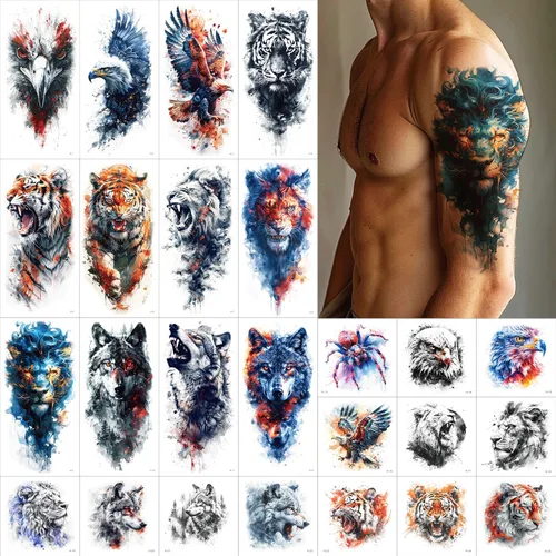 Everjoy 25 hojas de calcomanías temporales de tatuajes de bestia dura, 12 hojas de tatuajes falsos de animales de acuarela de brazo grande, 13