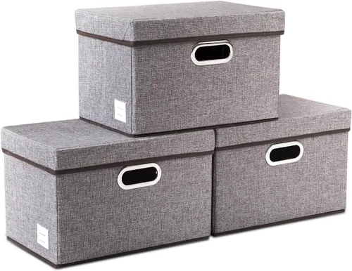 Miniatura 77 de PRANDOM Contenedor de almacenamiento plegable con tapa [1 unidad] Caja de almacenamiento decorativa de tela de lino, cesta organizadora con asas