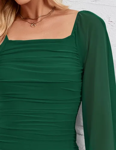 Miniatura 5 de ZESICA Vestido midi sexy y fruncido para mujer 2024, manga larga, cuello cuadrado, espalda descubierta, cóctel, fiesta, boda