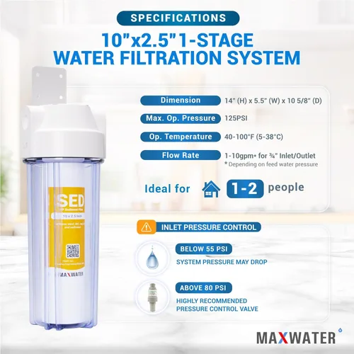 Miniatura 2 de Max Water Sistema de filtración de agua de 1 etapa de 10 pulgadas para toda la casa con carcasa transparente y filtro de sedimento de polipropileno