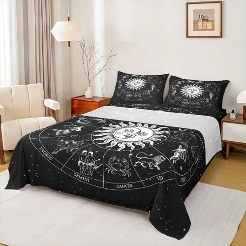 Miniatura 37 de Erosebridal Juego de sábanas tamaño individual con estampado de luna, diseño de flores de loto, color morado degradado, juego de sábanas orientales
