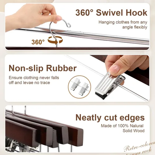 Miniatura 3 de Sieral Paquete de 30 perchas de madera para pantalones con clips de madera maciza, faldas de madera maciza con 2 clips ajustables, gancho giratorio