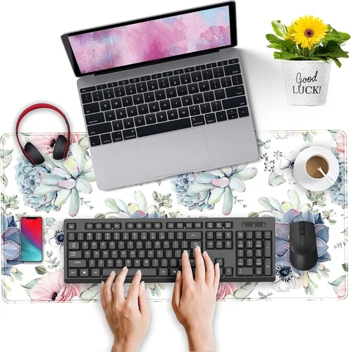Miniatura 4 de Tapete de escritorio de acuarela suculentas, protector de escritorio de rosas suculentas, alfombrilla de mouse grande para juegos, base de goma