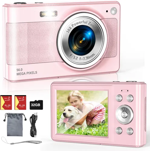 Miniatura 10 de Cámara digital mejorada, 56MP FHD 1080P para niños con zoom 16x anti-sacudida, tarjeta TF de 32GB, dos baterías, cordón, compacta pequeña para niños