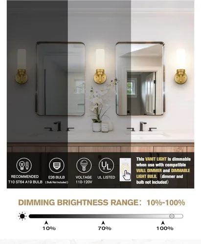 Miniatura 2 de Emak Apliques de Pared Juego de 2, Aplique de Pared Moderno de Baño Dorado Cepillado con Pantalla de Vidrio Esmerilado para Baño, Dormitorio, Sala