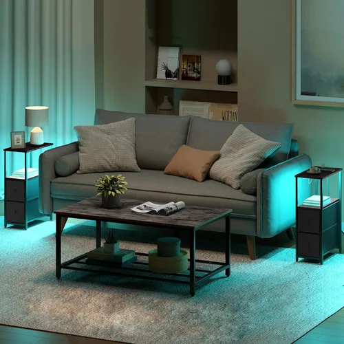 Miniatura 2 de TUTOTAK Mesa auxiliar pequeña y estrecha con LED y estación de carga, mesa lateral con tomas de corriente, mesita de noche con 2 cajones de tela