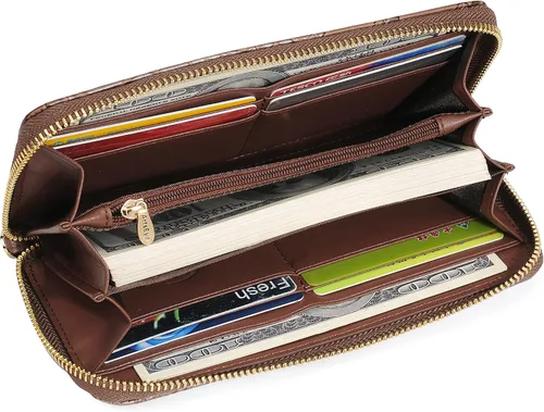 Miniatura 5 de ArtsEye Cartera larga con cremallera alrededor de cuero genuino en relieve rosa, Gris