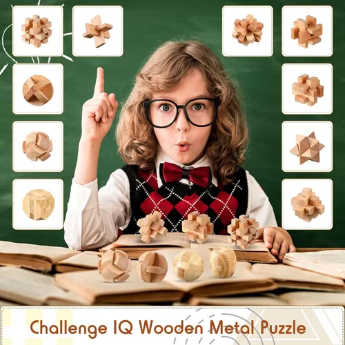 Miniatura 7 de Juego de 12 rompecabezas de madera para el cerebro, juegos educativos 3D rompecabezas de madera, rompecabezas de lógica IQ desafiantes para adultos