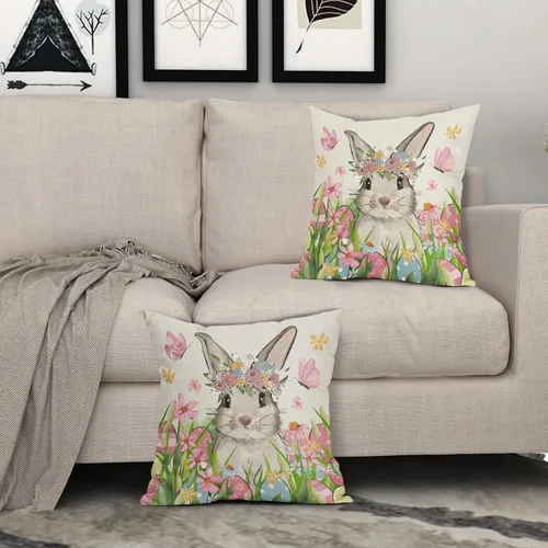 Miniatura 3 de Juego de 2 fundas de almohada de Pascua de 18 x 18 pulgadas, diseño de huevos de conejo, conejo, acuarela, rosa, azul, floral, con temática