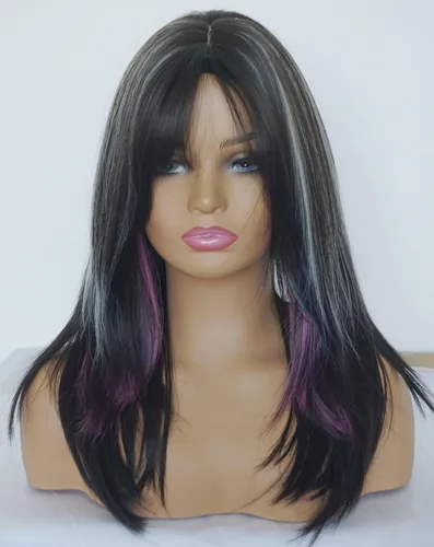 Miniatura 4 de Pelucas en capas para mujeres blancas, blancas y negras con morado, pelucas de longitud media para mujeres, peluca sintética para mujeres blancas