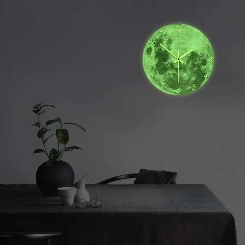 Miniatura 6 de The Geeky Days Reloj de pared con luna que brilla en la oscuridad para sala de estar, diseño moderno, luminoso, silencioso, sin tictac, decoración