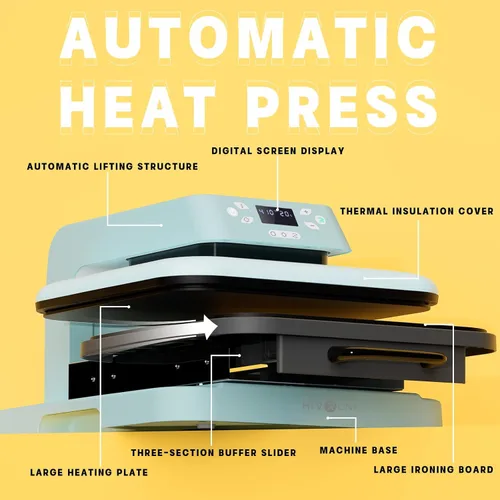 Miniatura 4 de HTVRONT Máquina de prensa de calor automática de 15 x 15 pulgadas para camisetas, máquina profesional de transferencia de calor con liberación Azul