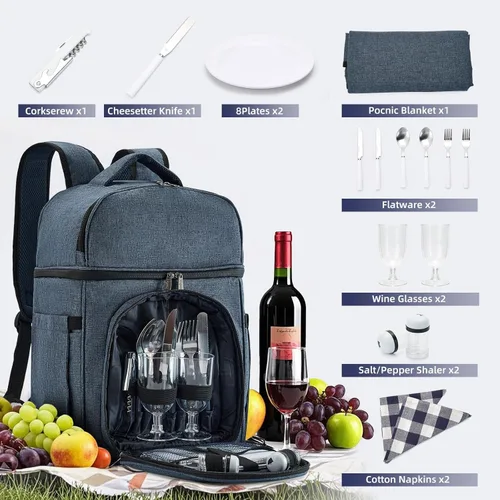 Miniatura 4 de Vogano Mochila de pícnic y accesorios - Juego de pícnic para 2 personas con 2 compartimentos aislados de refrigeración, manta ligera y juego