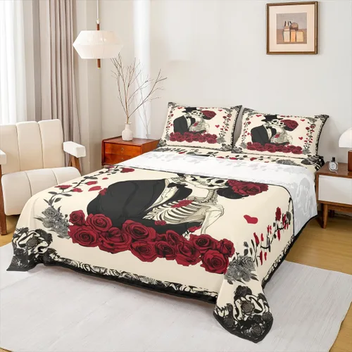Miniatura 28 de Erosebridal Juego de sábanas de polilla de la muerte, diseño de calavera gótica, tamaño individual, juego de sábanas de flores botánicas con diseño