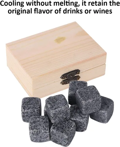 Miniatura 6 de Juego de regalo de piedras de whisky con 9 piezas de piedras y caja, cubos de hielo reutilizables, juego de granito natural, piedras para enfriar