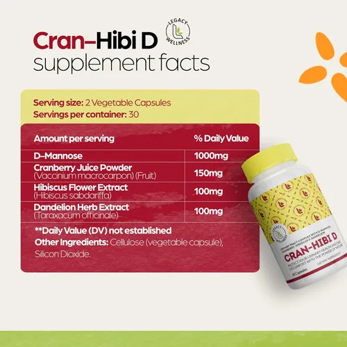 Miniatura 5 de Legacy Wellness Cran-Hibi-D: D Manosa con cápsulas de arándano, hibisco y diente de león, salud del tracto urinario, limpieza natural, apoyo