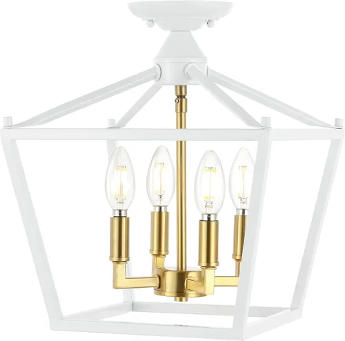 Miniatura 16 de JONATHAN Y Plains 12" Dark Green and Brass Gold 4-Light Iron Semi Flush Mount Lantern, Modern Farmhouse Open-Frame Pagoda with Metal Cage for