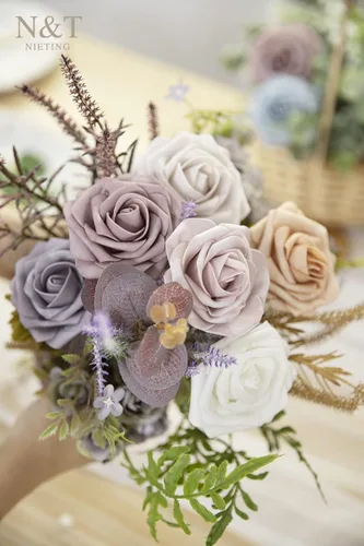 Miniatura 508 de N&T NIETING Flores artificiales, rosas artificiales de color rosa intenso, 50 piezas de flores falsas con tallo para ramos de boda DIY, centros