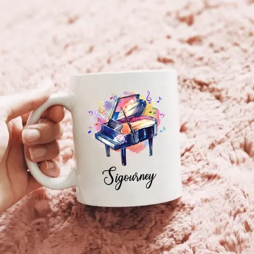 Miniatura 6 de Taza de café blanca con nombre personalizado para reproductor de piano, 11 y 15 onzas, taza de café con instrumento musical de piano, regalos
