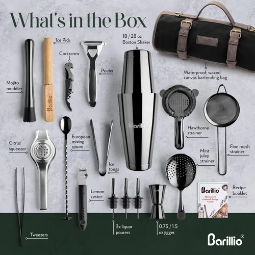 Miniatura 2 de Barillio Bolsa de Kit de Barman con Juego de Coctelera Negra – Lona Encerada, Bolsa de Herramientas de Bar de Viaje con Kit de Cóctel de 17 Piezas