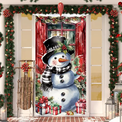 Cubierta de puerta de Navidad, muñeco de nieve, decoración de fondo de fotografía grande, cartel de porche para invierno, interior y exterior,