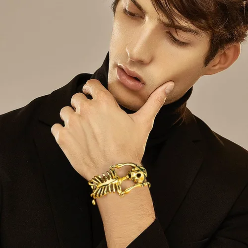 Miniatura 2 de U7 Pulseras góticas de calavera para hombres y mujeres, acero inoxidable, chapado en oro de 18 quilates, plata, negro, punk, esqueleto punk