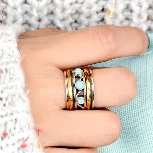 Miniatura 2 de Boho-Magic Anillo giratorio Larimar de plata de ley 925 para mujer con bandas giratorias de latón, Metal no precioso Piedra preciosa, larimar