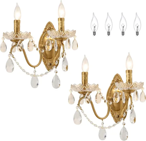 Juego de 2 Apliques de Pared de Cristal, Apliques de Pared de Cristal, Apliques de Pared Vintage, Acabado de Latón Dorado con Gotas de Vidrio, para