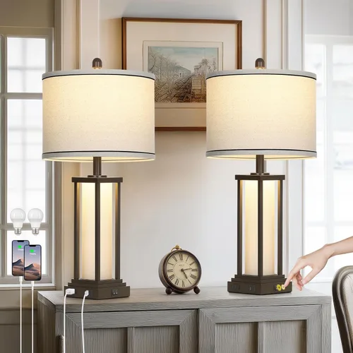 Miniatura 9 de 27in Tall Farmhouse Table Lamp with USB C+A & Outlet,Black Industrial End Table Lamp for Living Room,Vintage Rustic Bedside Lamp with Night Light