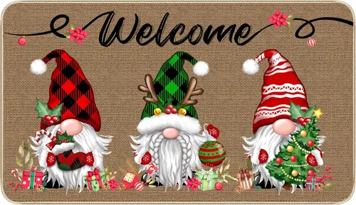 Miniatura 9 de TREWAVE Tapete Decorativo de Bienvenida Navideño Tapete de Puerta con Gnomo Navideño Base Antideslizante de Goma Tapete de Piso Estacional