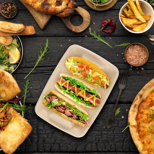 Miniatura 3 de 25 soportes desechables para tacos para fiestas, platos de taco de fibra de pulpa de bagazo con 3 divisores para reunión, soporte para bandeja