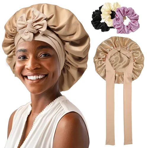 Miniatura 17 de Gorro de satén para mujer, con banda de amarre para el cabello, para dormir, grande de 2 capas, gorro de dormir de seda para dormir con 3 coleteros
