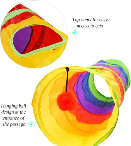 Miniatura 4 de Andiker Túnel para gatos de interior, tubo plegable de arco iris de 45 pulgadas de largo con una divertida bola y 2 agujeros, túnel de conejo