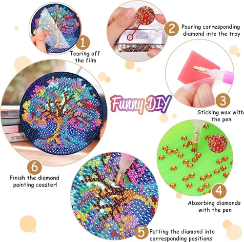Miniatura 4 de Juego de 8 posavasos de pintura de diamantes, posavasos de pintura de diamante 5D, posavasos de arte de diamante con soporte, posavasos
