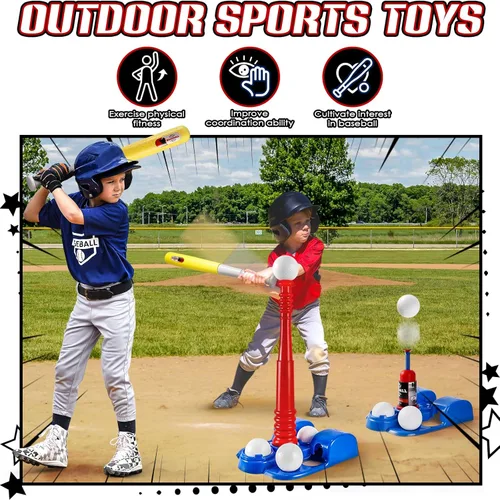 Miniatura 2 de Juego de pelota para niños, juegos de pelota en T para niños pequeños de 1 a 3 años, juguetes de béisbol con 6 bolas/guante/máquina de Azul