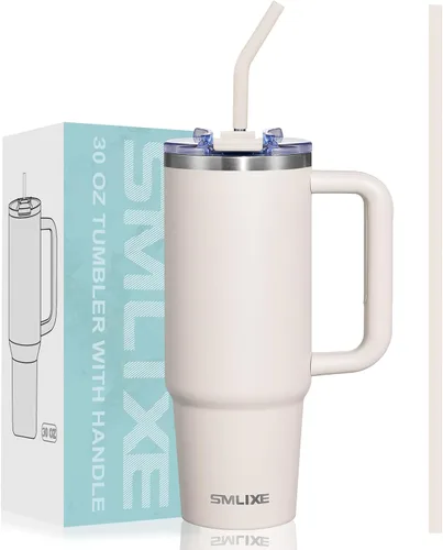 Vaso de 30 onzas con asa, vaso con tapa y pajita, vaso de viaje de acero inoxidable con aislamiento al vacío de doble pared para bebidas calientes y