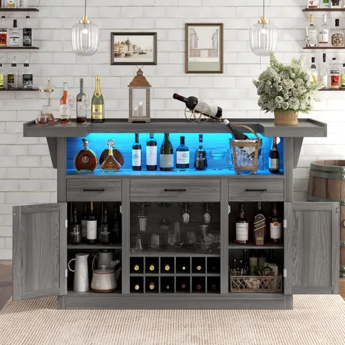 Miniatura 8 de Loomie Armario de mesa de bar con LED y 3 cajones, barra de licor con estantes de almacenamiento ajustables y soportes para copas, mostrador