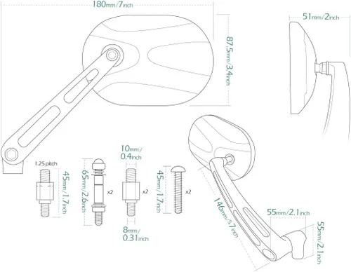 Miniatura 4 de KiWAV Espejos retrovisores laterales para motocicleta, color negro, convexo, aluminio, ajustable, rectángulo, ovalado, de 0.394 in y 5/16 pulgadas