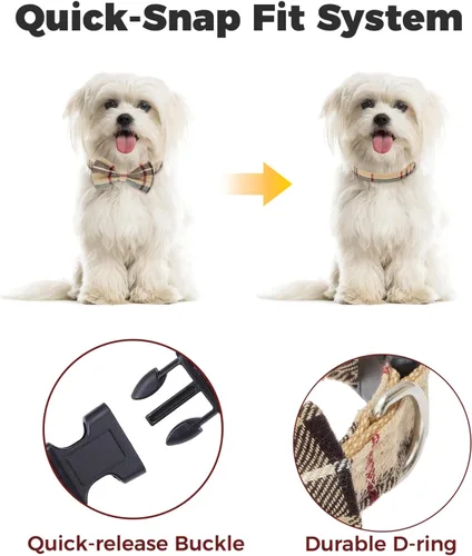 Miniatura 5 de Juego de arnés para perro con correa y collar de corbatín - Arnés para cachorro a cuadros beige, a prueba de escape, chaleco ajustable sin tirones