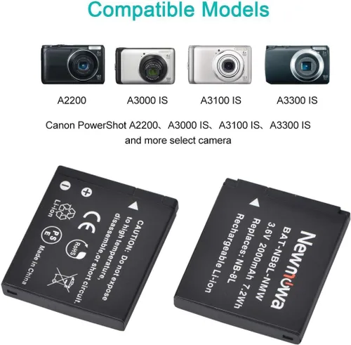 Miniatura 2 de Newmowa Batería de repuesto NB-8L (paquete de 2) y kit de cargador para NB-8L, CB-2LA y PowerShot A2200, A3000 es, A3100 es, A3200 es, A3300 es