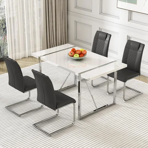 Miniatura 12 de Juego de mesa de comedor para 4, juego de mesa de cocina rectangular de MDF blanco con sillas de comedor de cuero, juego de 4, juego de mesa