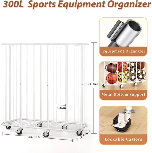 Miniatura 3 de YKDIRECT Organizador de bolas rodantes de 250L con ruedas de bloqueo, cesta de almacenamiento grande para baloncesto, fútbol, fútbol, voleibol