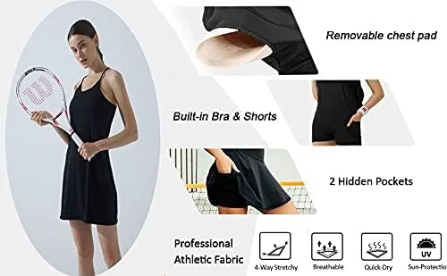 Miniatura 7 de Vestido de tenis sin mangas para mujer con brasier y pantalones cortos integrados para entrenamiento de golf, vestidos atléticos con bolsillos