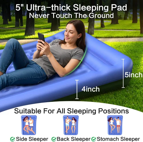 Miniatura 3 de Colchoneta de dormir doble para campamento, extra gruesa de 5 pulgadas, autoinflable para 2 personas, con bomba de pie integrada, alfombrilla