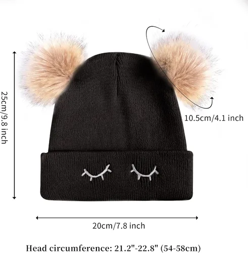 Miniatura 3 de Muryobao Gorro de invierno para mujer, suave y cálido, con cierre de calavera, con doble pompón, orejas