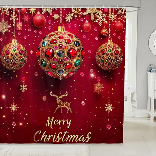 Miniatura 21 de Homewish Cortina de ducha de árbol de Navidad, juego de cortina de ducha de baño con diseño de copo de nieve dorado para niños y adultos, cortina