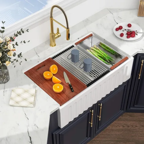 Miniatura 11 de Kichae 33 Farm Sink Double Bowl - Delantal de fregadero de granja de 33 pulgadas, delantal frontal de doble tazón, acero inoxidable 50/50, calibre