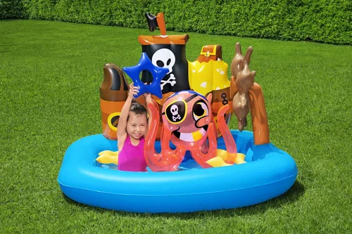 Miniatura 2 de Bestway Ships Ahoy Water Play Centre Parque acuático inflable pirata para niños, juguetes de jardín con lanzamiento de anillo de pulpo para niños