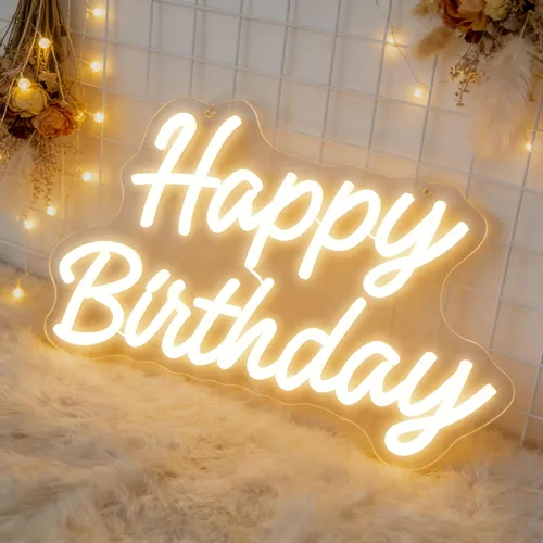 Letrero de neón para decoración de pared, letrero LED de feliz cumpleaños con banderas de fiesta, luz de neón regulable alimentada por USB para mesa