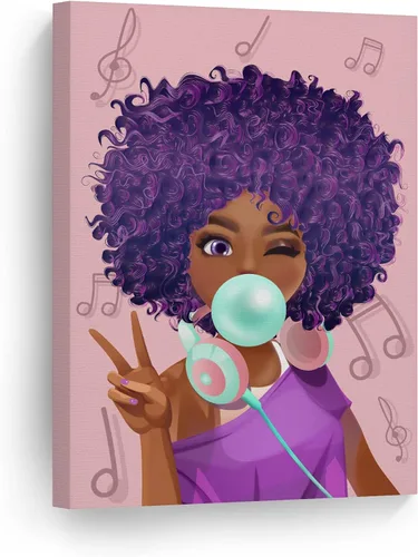 SmileArtDesign African American Wall Art, Black Girl Wall Art, African American Pretty Girl, Teal Blue Bubble Gum, Purple Pink African American